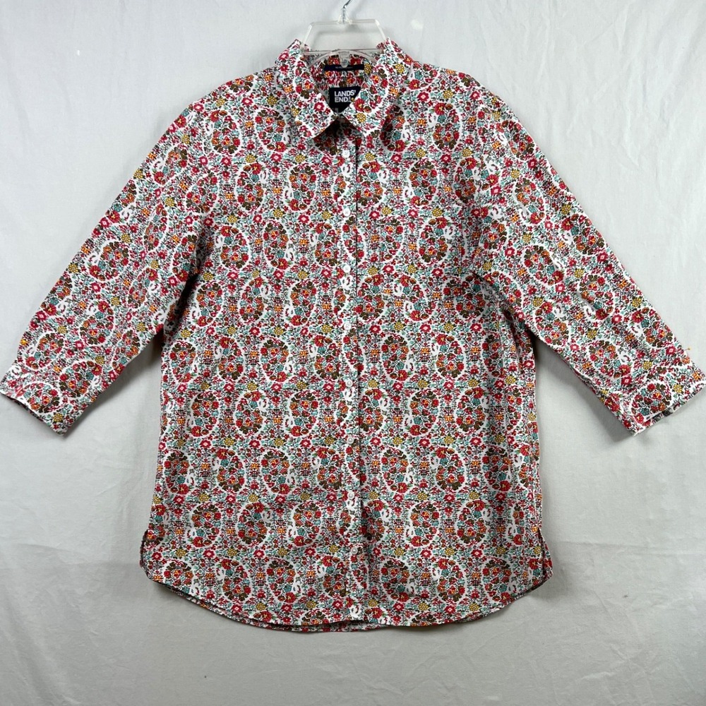 Lands' End Button Up Shirt Women 12 Multi Floral Paisley No Iron Supima Cotton